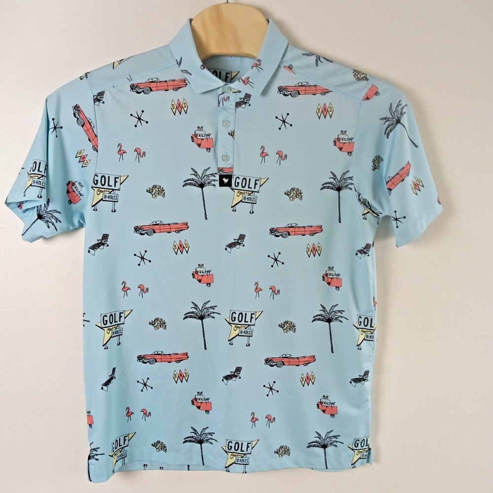 BAD BIRDIE Golf Polo Shirt Retro Blue Car Oasis Flamingo Adult Mens XL